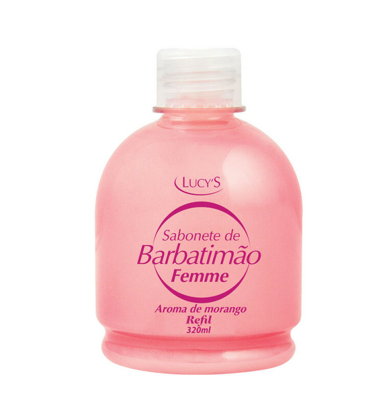 Refil sabonete barbatimão femme 320 ml equilibra o PH e protege. Aroma de morango.